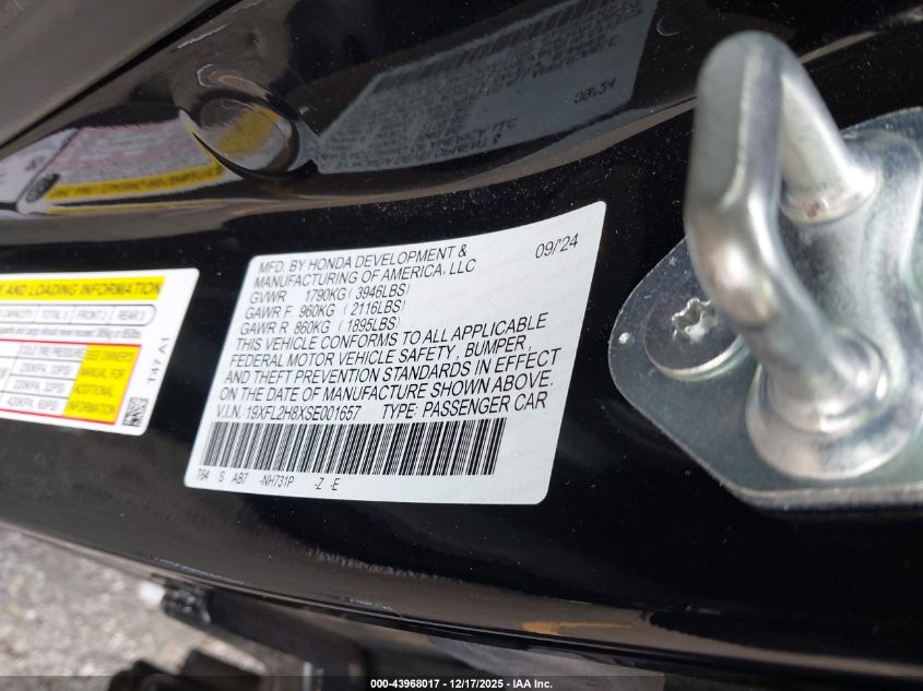 2025 Honda Civic Sedan Sport VIN: 19XFL2H8XSE001657 Lot: 43968017