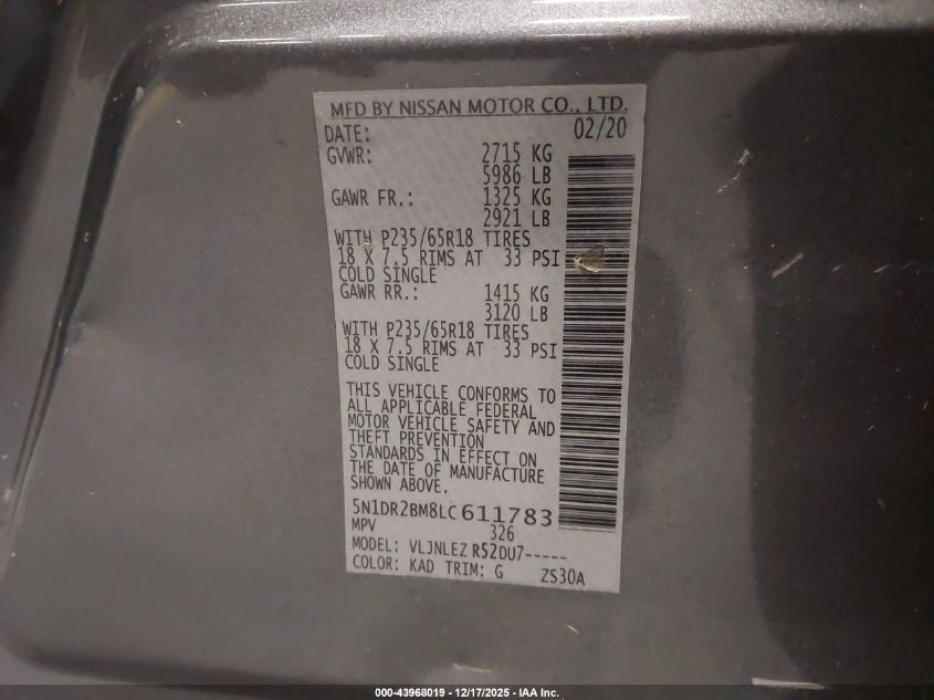 2020 Nissan Pathfinder Sv 4Wd VIN: 5N1DR2BM8LC611783 Lot: 43968019