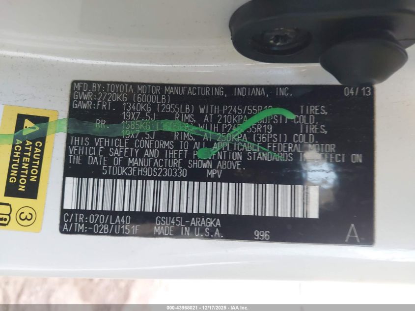 2013 Toyota Highlander Limited V6 VIN: 5TDDK3EH9DS230330 Lot: 43968021