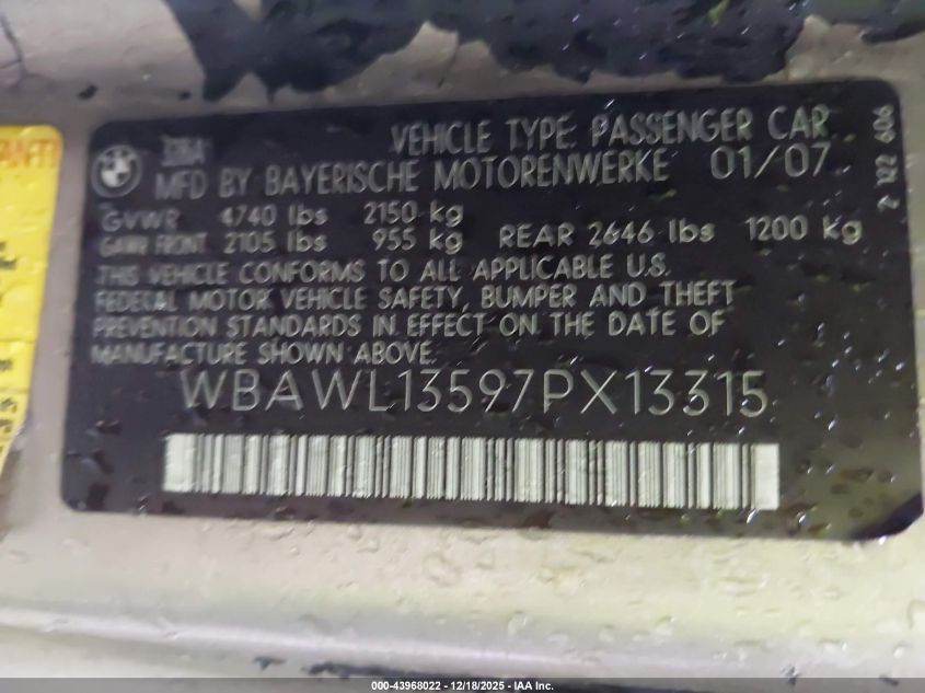 2007 BMW 328I VIN: WBAWL13597PX13315 Lot: 43968022