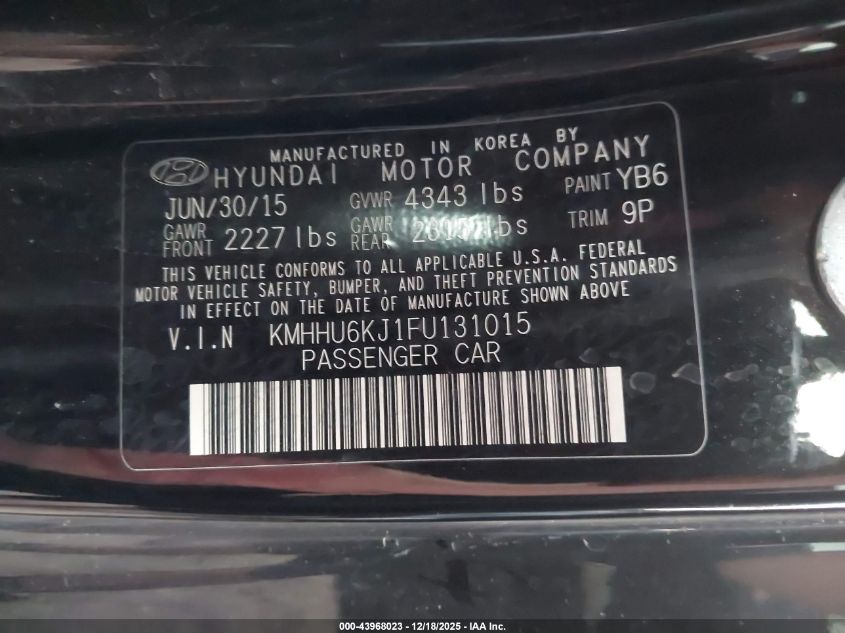 2015 Hyundai Genesis 3.8 Ultimate VIN: KMHHU6KJ1FU131015 Lot: 43968023