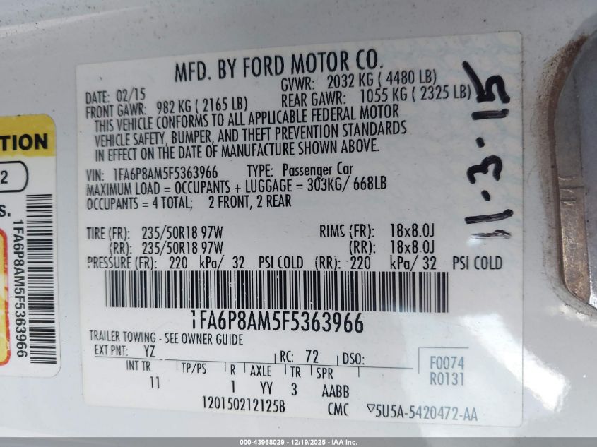 2015 Ford Mustang V6 VIN: 1FA6P8AM5F5363966 Lot: 43968029