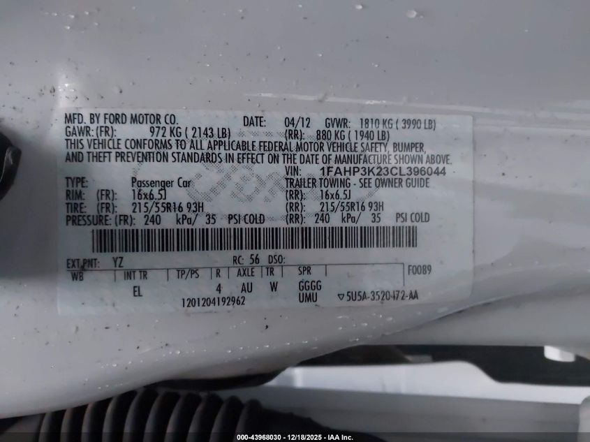 2012 Ford Focus Se VIN: 1FAHP3K23CL396044 Lot: 43968030