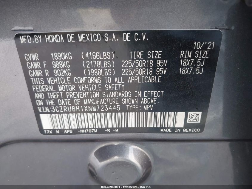 2022 Honda Hr-V Awd Sport VIN: 3CZRU6H1XNM723445 Lot: 43968031