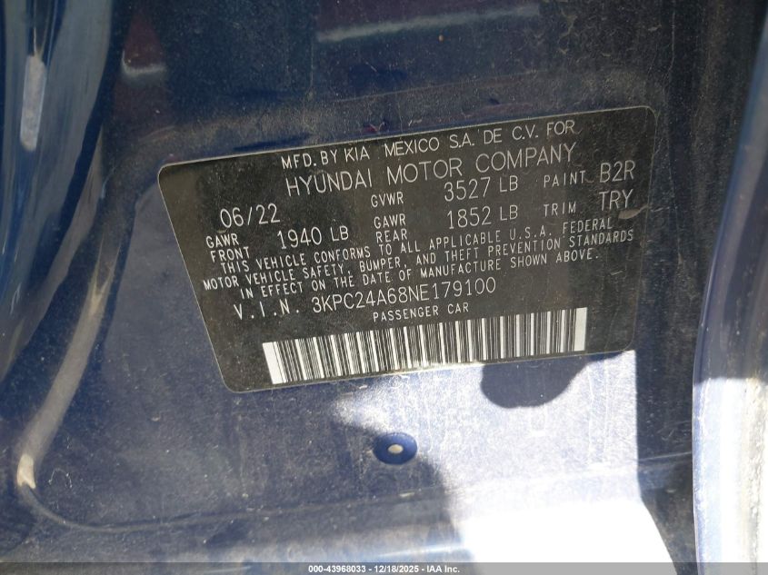 2022 Hyundai Accent Se VIN: 3KPC24A68NE179100 Lot: 43968033