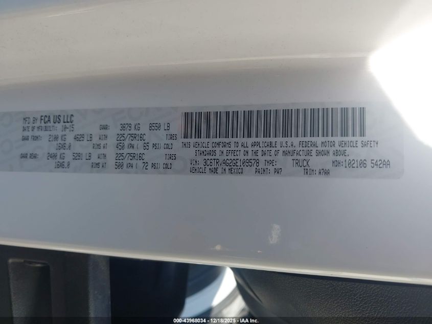 2016 Ram Promaster 1500 Low Roof VIN: 3C6TRVAG2GE109578 Lot: 43968034
