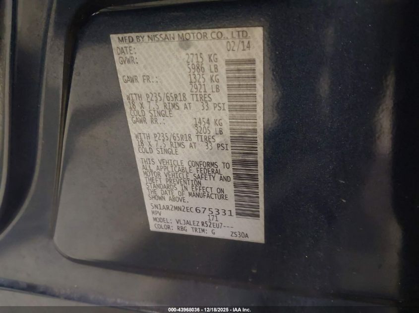 2014 Nissan Pathfinder Sv VIN: 5N1AR2MN2EC675331 Lot: 43968036