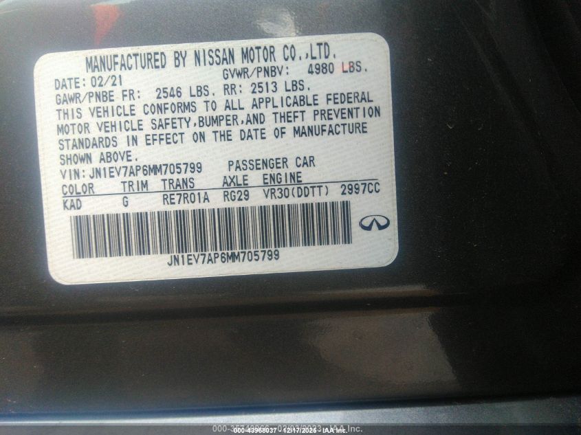 2021 Infiniti Q50 Pure VIN: JN1EV7AP6MM705799 Lot: 43968037