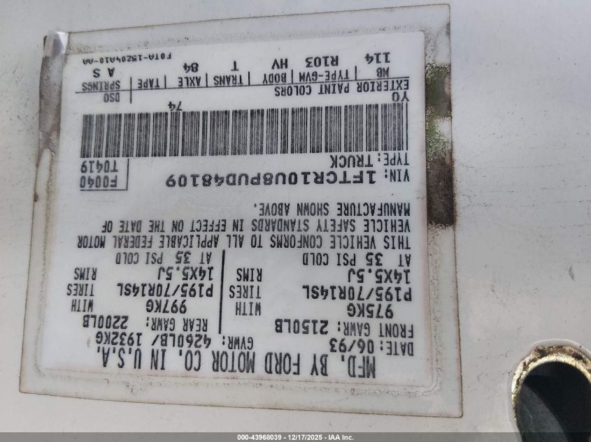 1993 Ford Ranger VIN: 1FTCR10U8PUD48109 Lot: 43968039