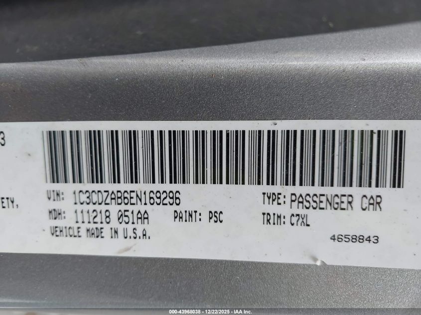 2014 Dodge Avenger Se VIN: 1C3CDZAB6EN169296 Lot: 43968038