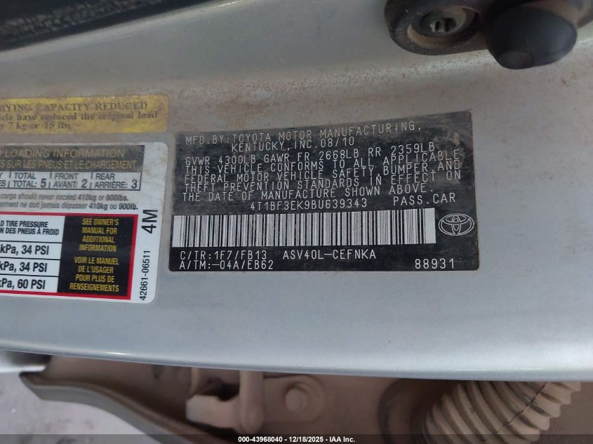 2011 Toyota Camry VIN: 4T1BF3EK9BU639343 Lot: 43968040