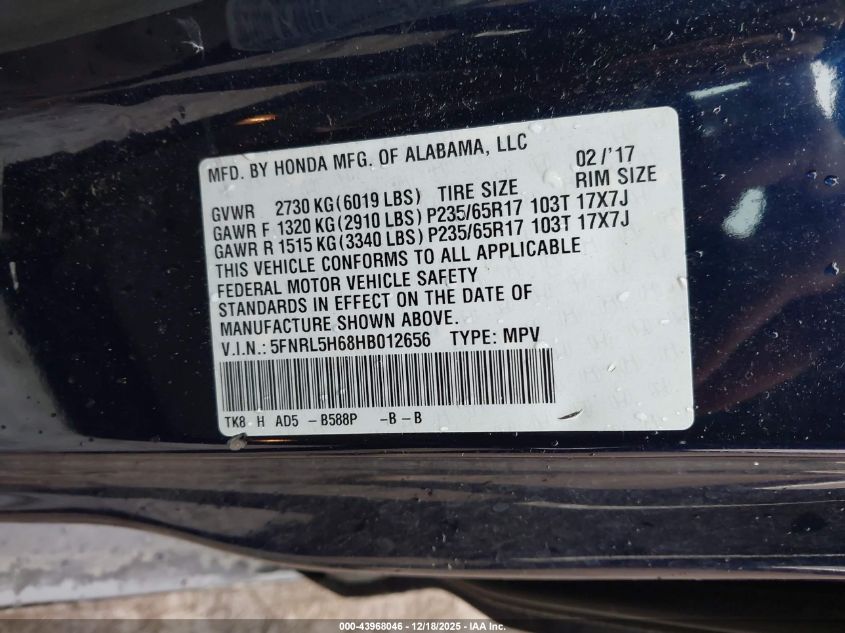 2017 Honda Odyssey Ex-L VIN: 5FNRL5H68HB012656 Lot: 43968046