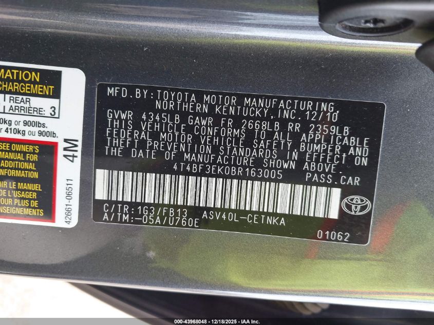 2011 Toyota Camry Le VIN: 4T4BF3EK0BR163005 Lot: 43968048