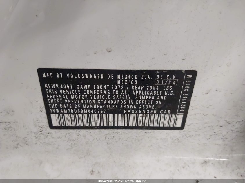 2024 Volkswagen Jetta 1.5T Sport VIN: 3VWAM7BU5RM040227 Lot: 43968052