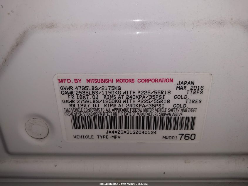 2016 Mitsubishi Outlander Se VIN: JA4AZ3A31GZ040124 Lot: 43968053