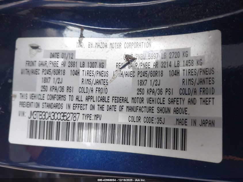 2012 Mazda Cx-9 Touring VIN: JM3TB3CA3C0352787 Lot: 43968054