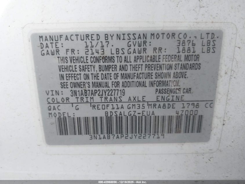 2018 Nissan Sentra Sl VIN: 3N1AB7AP2JY227719 Lot: 43968056