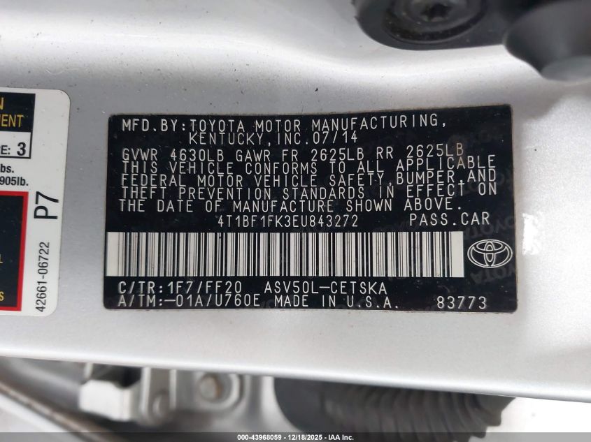 2014 Toyota Camry Se VIN: 4T1BF1FK3EU843272 Lot: 43968059