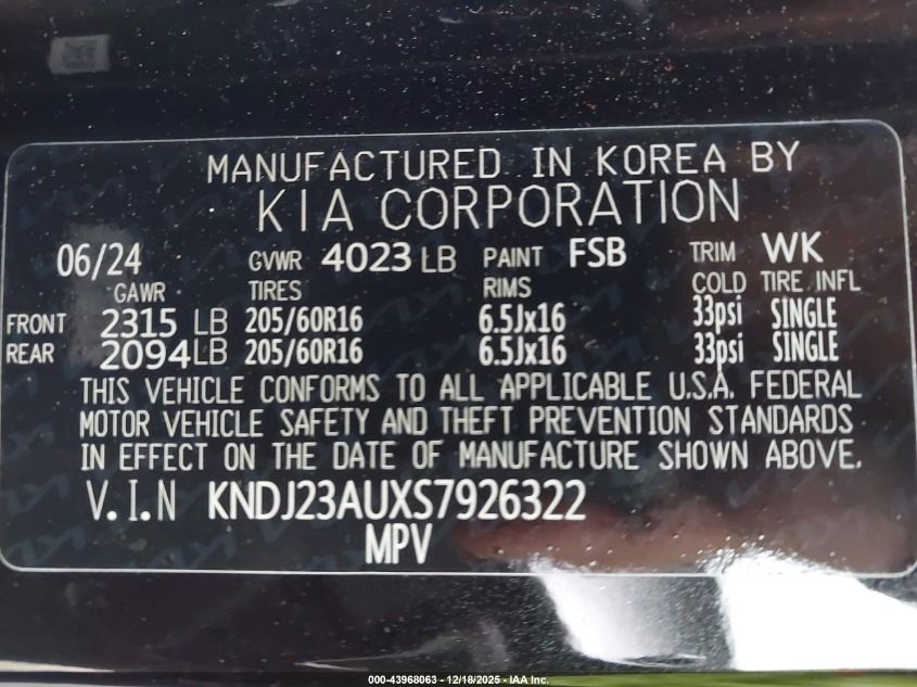 2025 Kia Soul Lx VIN: KNDJ23AUXS7926322 Lot: 43968063