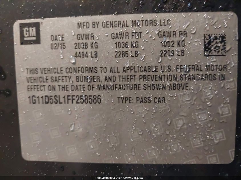 2015 Chevrolet Malibu 2Lt VIN: 1G11D5SL1FF258586 Lot: 43968064