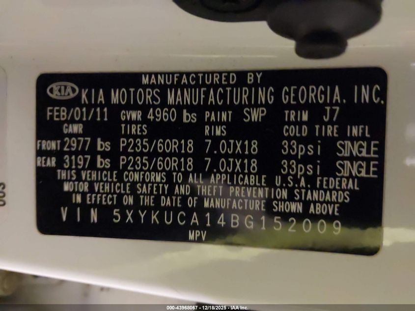 2011 Kia Sorento Ex VIN: 5XYKUCA14BG152009 Lot: 43968067