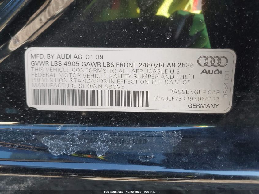 2009 Audi A4 2.0T Premium VIN: WAULF78K19N056472 Lot: 43968069