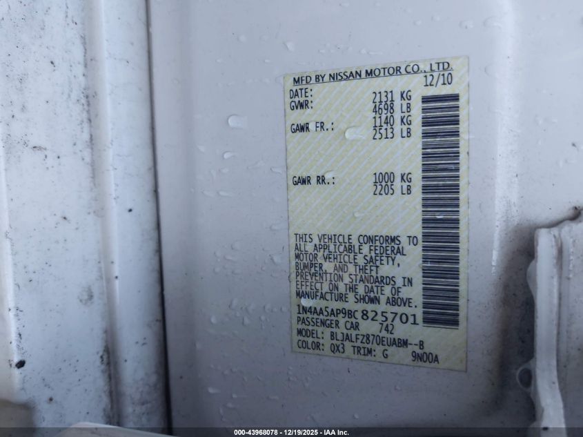 2011 Nissan Maxima 3.5 Sv VIN: 1N4AA5AP9BC825701 Lot: 43968078