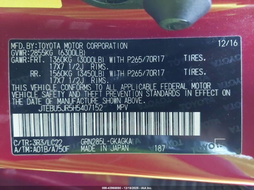 2017 Toyota 4Runner Trd Off Road Premium VIN: JTEBU5JR5H5407152 Lot: 43968080