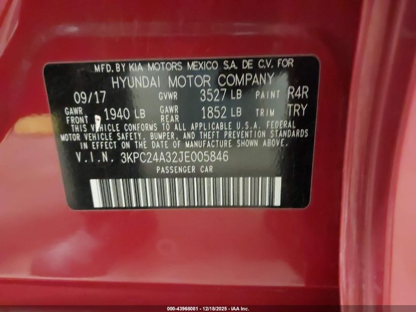 2018 Hyundai Accent Se VIN: 3KPC24A32JE005846 Lot: 43968081
