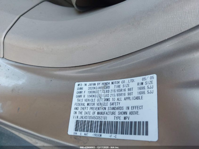 2005 Honda Cr-V Lx VIN: JHLRD78565C052181 Lot: 43968083