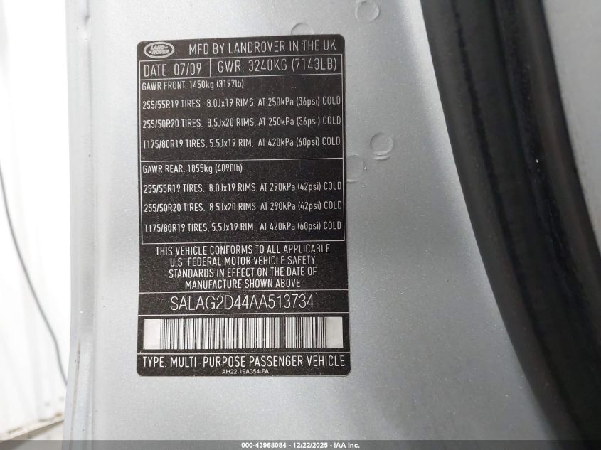 2010 Land Rover Lr4 VIN: SALAG2D44AA513734 Lot: 43968084