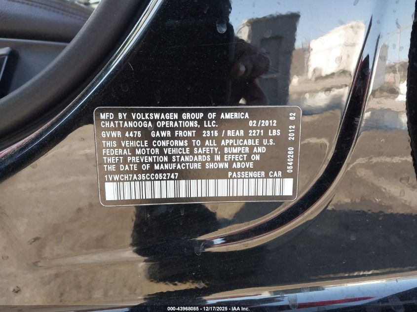 2012 Volkswagen Passat 2.5L Sel VIN: 1VWCH7A35CC052747 Lot: 43968085