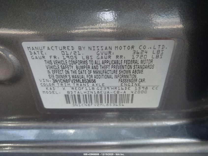 2021 Nissan Versa Sr Xtronic Cvt VIN: 3N1CN8FV2ML853656 Lot: 43968086