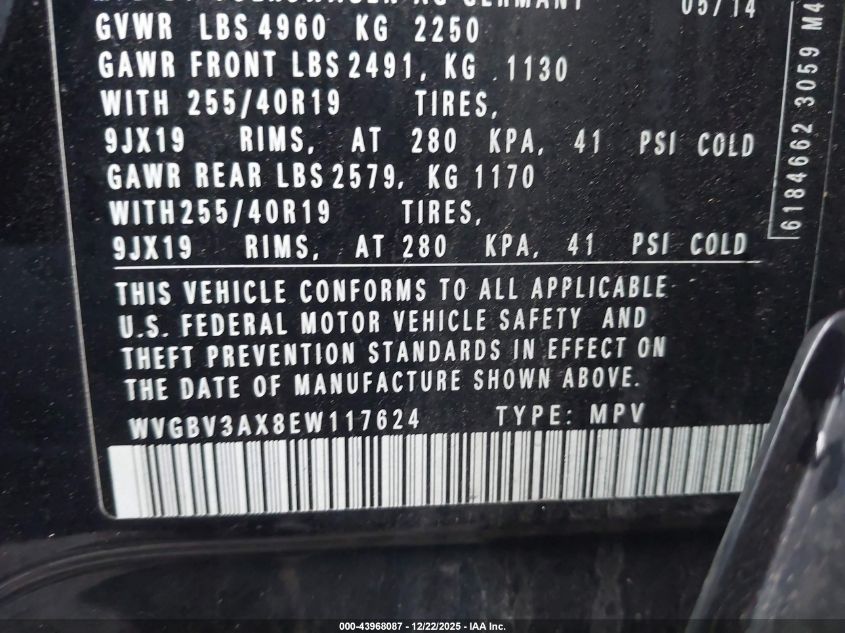 2014 Volkswagen Tiguan R-Line VIN: WVGBV3AX8EW117624 Lot: 43968087