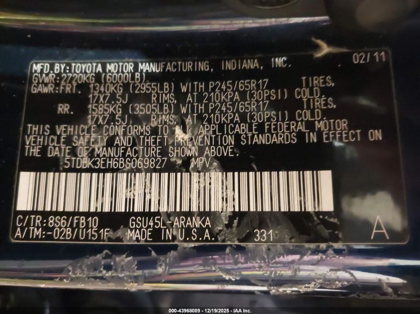 2011 Toyota Highlander Base V6 VIN: 5TDBK3EH6BS069827 Lot: 43968089