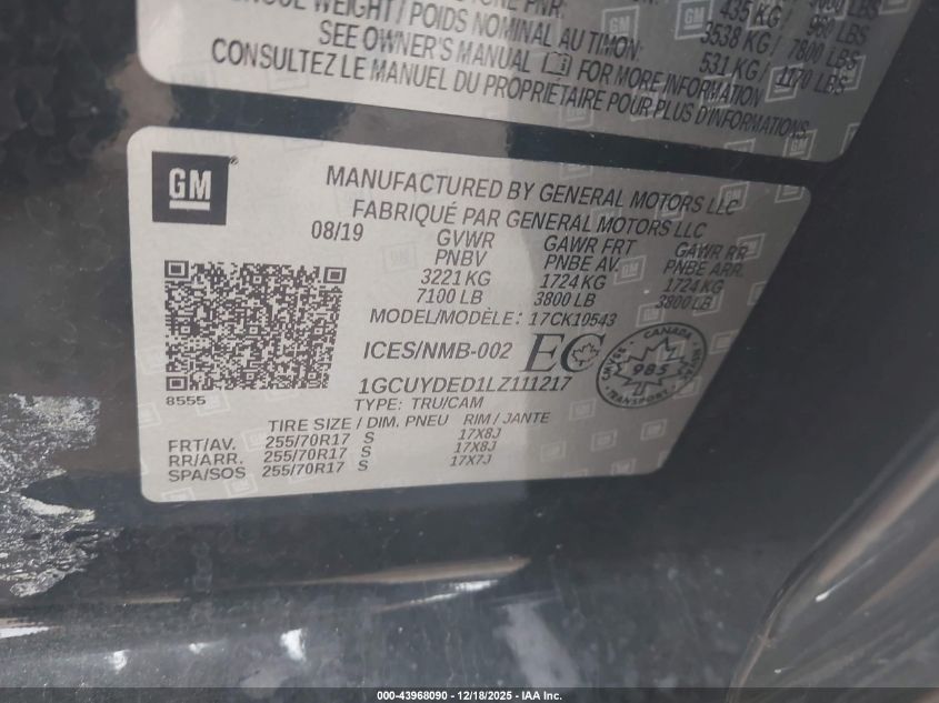 2020 Chevrolet Silverado 1500 Lt VIN: 1GCUYDED1LZ111217 Lot: 43968090