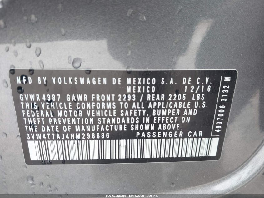 2017 Volkswagen Jetta Gli VIN: 3VW4T7AJ4HM296686 Lot: 43968094