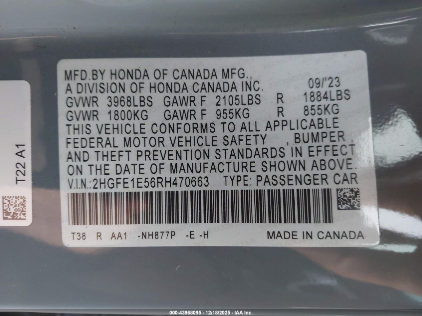 2024 Honda Civic Si Sedan VIN: 2HGFE1E56RH470663 Lot: 43968095
