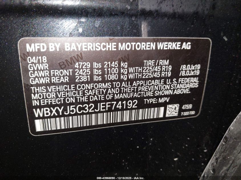 2018 BMW X2 xDrive28I VIN: WBXYJ5C32JEF74192 Lot: 43968098