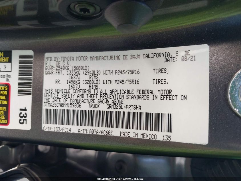 2021 Toyota Tacoma Sr5 V6 VIN: 3TMAZ5CN0MM159036 Lot: 43968103