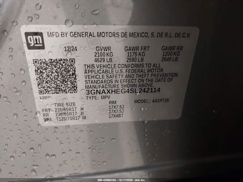 2025 Chevrolet Equinox Fwd Lt VIN: 3GNAXHEG4SL242114 Lot: 43968104