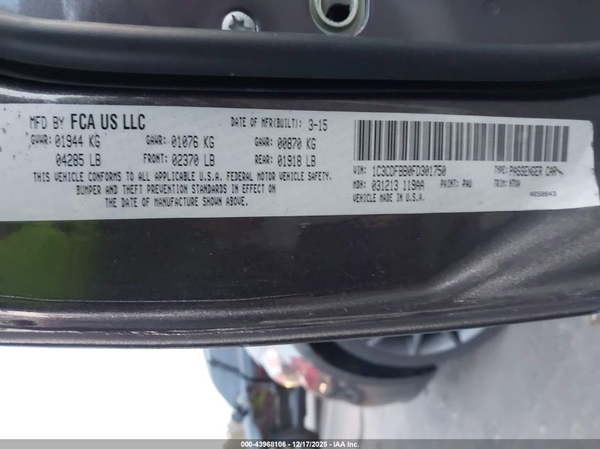 2015 Dodge Dart Sxt VIN: 1C3CDFBB0FD301750 Lot: 43968106