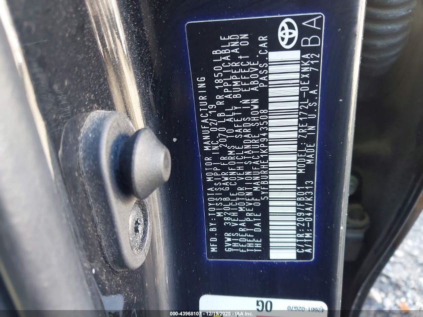 2019 Toyota Corolla Le VIN: 5YFBURHE1KP943508 Lot: 43968107