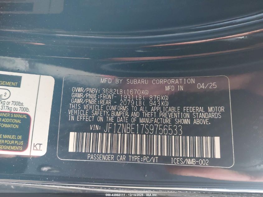 2025 Toyota Gr86 Premium VIN: JF1ZNBE17S9756533 Lot: 43968111