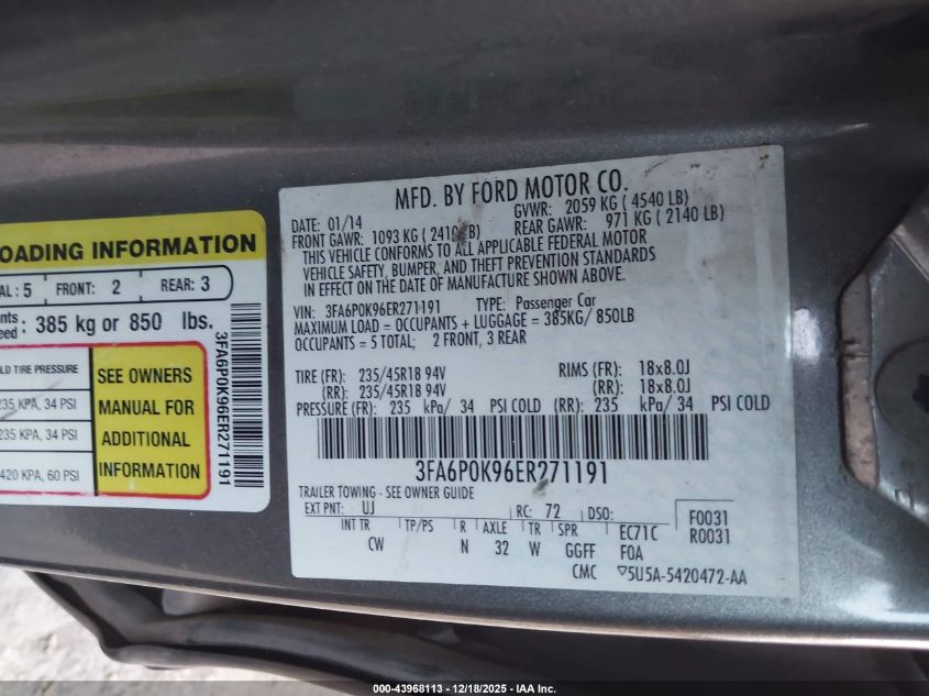 2014 Ford Fusion Titanium VIN: 3FA6P0K96ER271191 Lot: 43968113