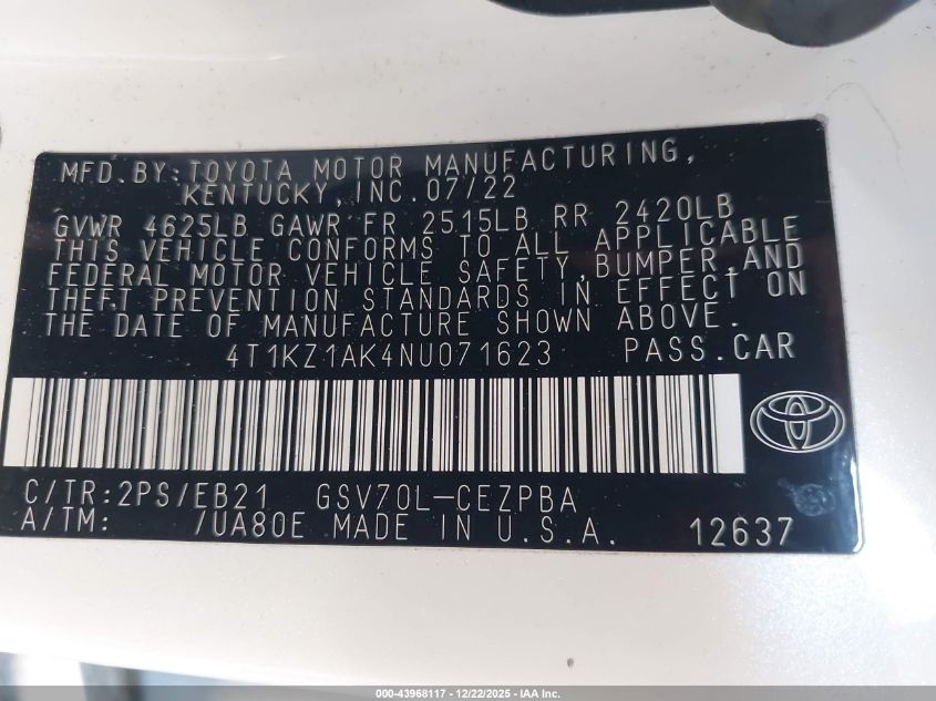 2022 Toyota Camry Trd VIN: 4T1KZ1AK4NU071623 Lot: 43968117
