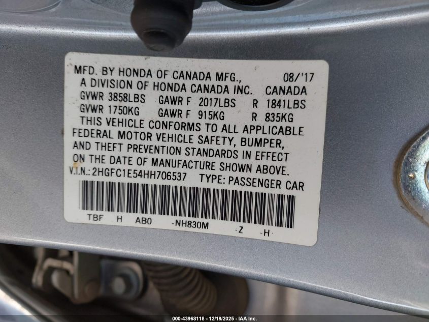 2017 Honda Civic Si VIN: 2HGFC1E54HH706537 Lot: 43968118