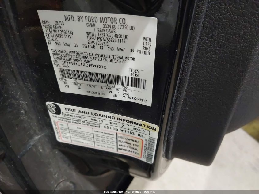 2013 Ford F-150 Fx4 VIN: 1FTFW1ETXDFD17272 Lot: 43968121