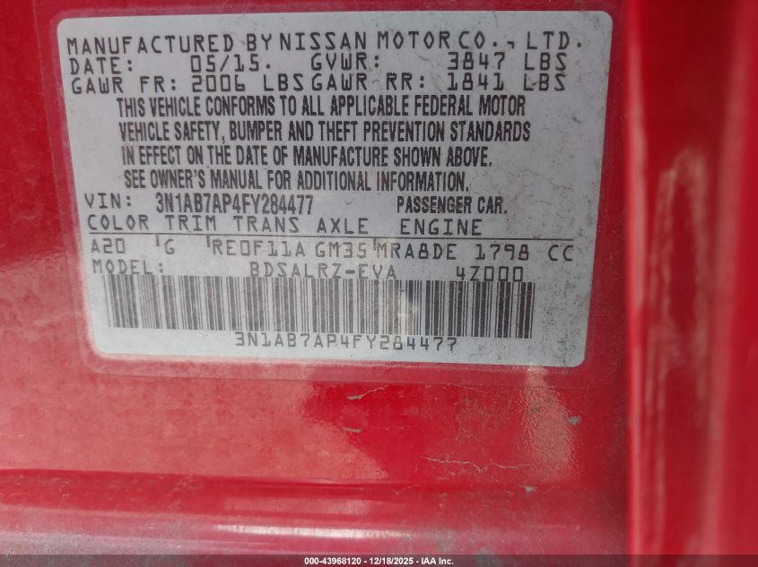 2015 Nissan Sentra Sr VIN: 3N1AB7AP4FY284477 Lot: 43968120