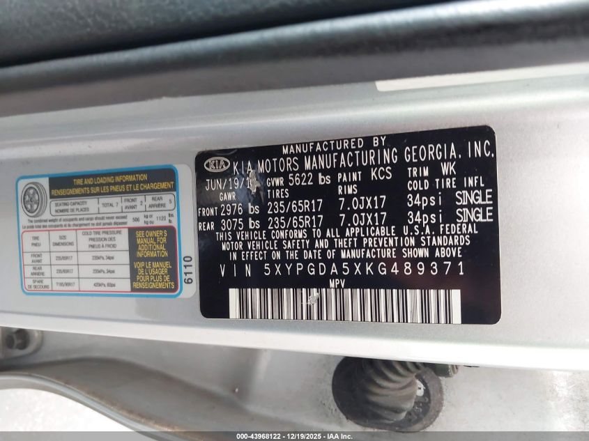 2019 Kia Sorento 3.3L Lx VIN: 5XYPGDA5XKG489371 Lot: 43968122